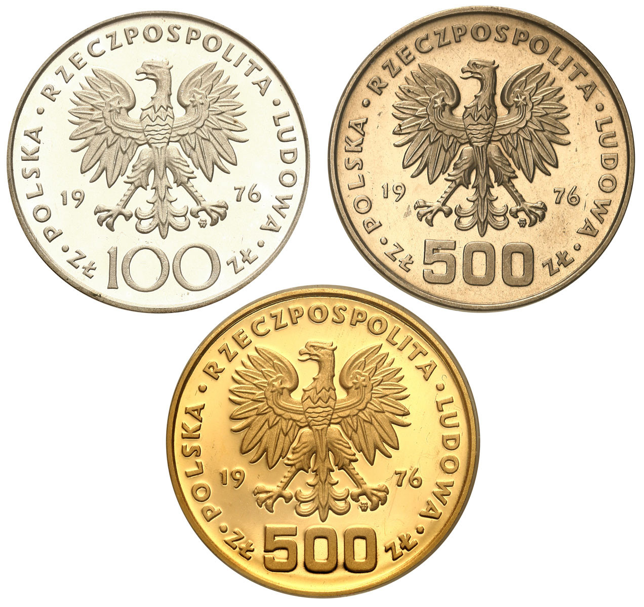 PRL. 100 i 500 złotych 1976 Złoto+Srebro+Nikiel Kazimierz Puławski – zestaw 3 sztuk
